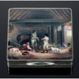 A CONTINENTAL SILVER AND ENAMEL COMPACT  the lid painted in the manner of George Morland with