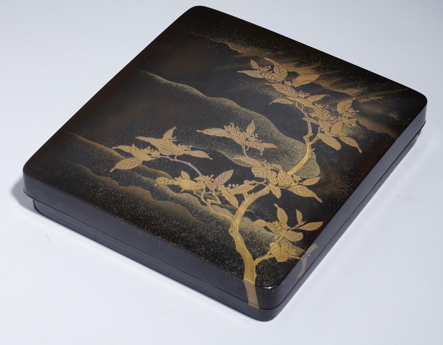 A JAPANESE LACQUER WRITING BOX, SUZURIBAKO, EDO PERIOD, 19TH C with trees and clouds, 22.5 x 21.