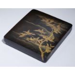 A JAPANESE LACQUER WRITING BOX, SUZURIBAKO, EDO PERIOD, 19TH C with trees and clouds, 22.5 x 21.