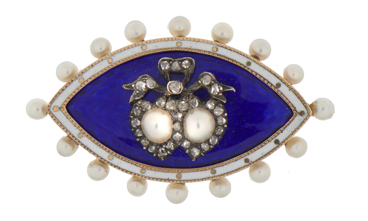 A DIAMOND, PEARL, GOLD AND WHITE AND TRANSLUCENT BLUE ENAMEL NAVETTE SHAPED BROOCH, 19TH C