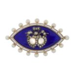 A DIAMOND, PEARL, GOLD AND WHITE AND TRANSLUCENT BLUE ENAMEL NAVETTE SHAPED BROOCH, 19TH C