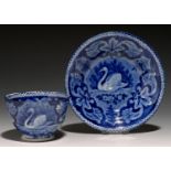 A JOSEPH STUBBS BLUE PRINTED EARTHENWARE SWAN PATTERN TEA BOWL AND SAUCER, C1822-35  saucer 15.5cm