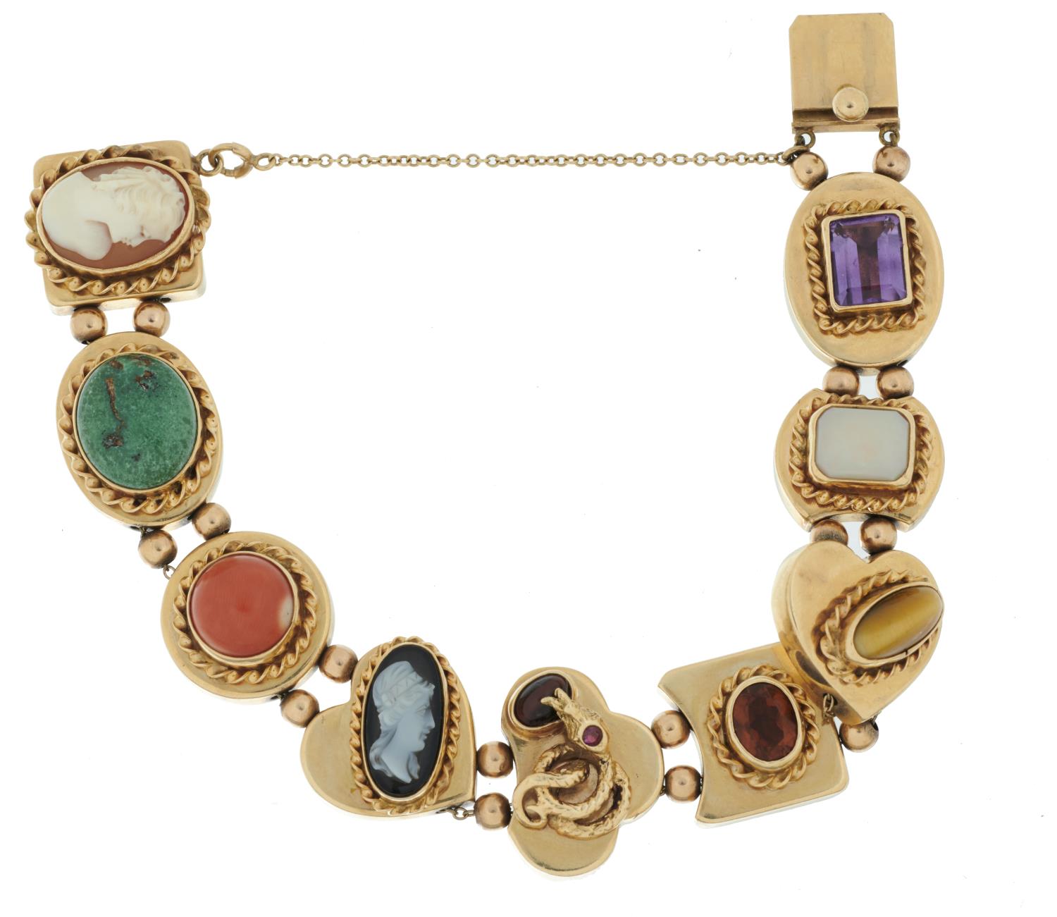 A MULTI GEM BRACELET  the nine vari shaped links set with amethyst, opal, tiger's eye, citrine,