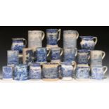 A STUDY COLLECTION OF BOVEY TRACY POTTERY CO AND OTHER BRITISH BLUE PRINTED EARTHENWARE PORTER AND