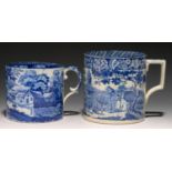 TWO BLUE PRINTED EARTHENWARE PORTER MUGS, C1830 with Bisham Abbey or milkmaid print, 11 and 13.5cm h