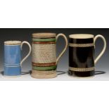 THREE CYLINDRICAL SLIP-DIPPED CREAMWARE AND PEARLWARE MUGS, C1810-20 with inlaid rouletted bands,