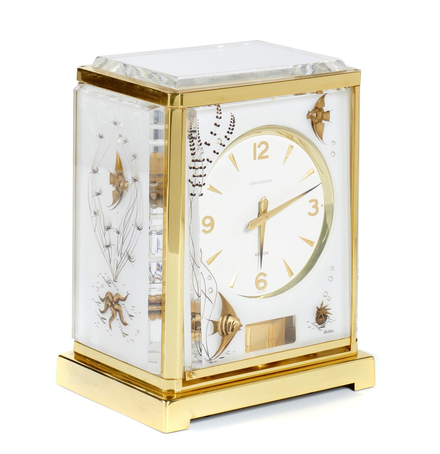 A JAEGER LECOULTRE BRASS AND LUCITE ATMOS CLOCK, MARINA AND BRACKET,THIRD QUARTER 20TH C timepiece