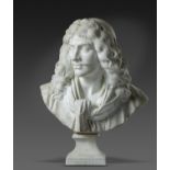 A STATUARY MARBLE BUST OF MOLIERE AFTER JEAN ANTOINE HOUDON (1741-1828), LATE 19TH C socle