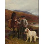 JOHN SARGENT NOBLE, RBA (1848-1896) A GILLIE WITH HIGHLAND PONY AND DOGS  signed on prepared