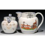 AN UNUSUAL BONE CHINA MASK LIP PUZZLE JUG, DATED 1832 printed and painted to either side with a