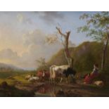 BELGIAN SCHOOL, 19TH CENTURY LANDSCAPE WITH A SEATED GIRL AND LIVESTOCK RESTING BY WATER oil on