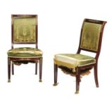 A PAIR OF FRENCH ORMOLU MOUNTED MAHOGANY CHAIRS, C1900  on paw feet, the padded back and seat