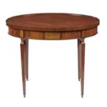 AN OVAL DUTCH NEO CLASSICAL SATINWOOD AND MARQUETRY TABLE, EARLY 19TH C  the quarter veneered top