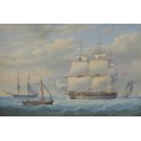 WILLIAM JOY (1803-1867) A BRITISH MAN O'WAR AND SHIPPING IN A BREEZE signed and dated 1857,