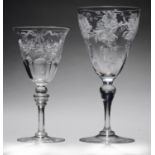 TWO ENGLISH INTAGLIO ENGRAVED 'ROCK CRYSTAL' WINE GLASSES, ONE THOMAS WEBB & SONS, EARLY 20TH C