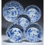 ONE AND A SET OF FOUR CHINESE EXPORT PORCELAIN BLUE AND WHITE DISHES, QING DYNASTY, 18TH C