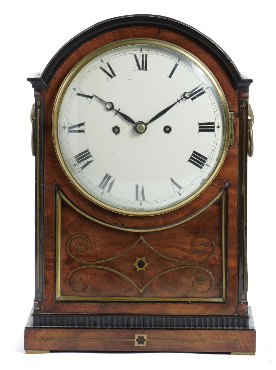 A GEORGE IV MAHOGANY, EBONY AND BRASS INLAID BRACKET CLOCK, C1825  with painted dial, pierced