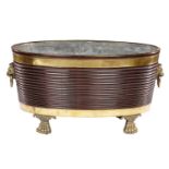 A FINE VICTORIAN BRASS BOUND MAHOGANY WINE COOLER OF UNUSUAL SIZE, 19TH C  with ribbed sides and  of