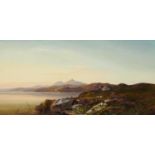 CHARLES LESLIE (C1835-1890) MOUNTAINOUS LANDSCAPE WITH FIGURES AT SUNSET   signed,  oil on canvas,