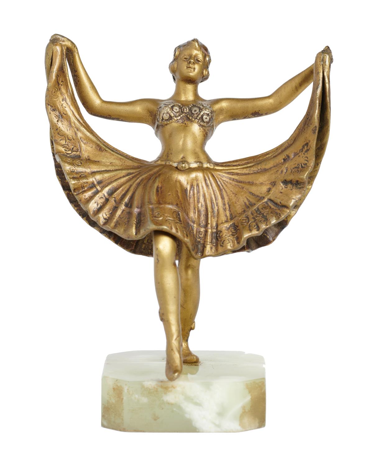 AN AUSTRIAN GILT BRONZE 'EROTIC' STATUETTE OF A DANCER, C1900  with lifting skirt on onyx base, 12cm