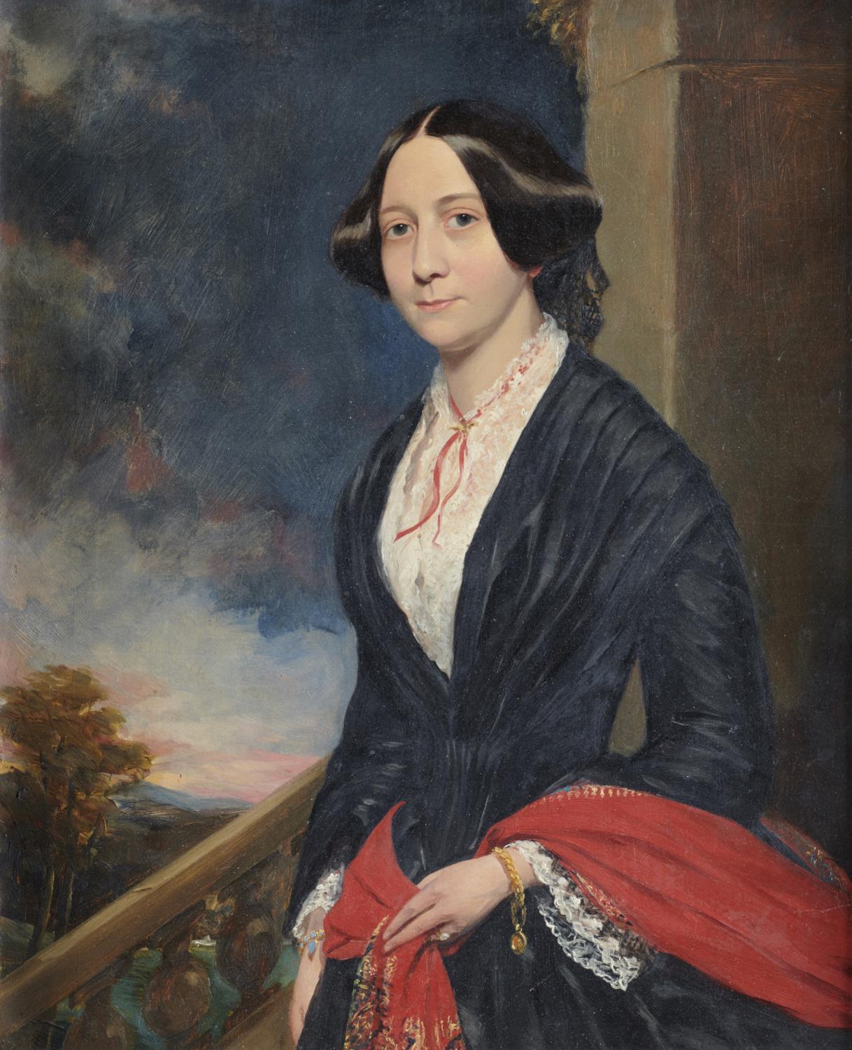 ENGLISH SCHOOL, MID 19TH C PORTRAIT OF A LADY three quarter length in a black dress, oil on