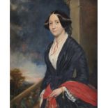ENGLISH SCHOOL, MID 19TH C PORTRAIT OF A LADY three quarter length in a black dress, oil on