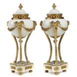 A PAIR OF FRENCH NEO CLASSICAL STYLE ORMOLU MOUNTED WHITE AND GREY MARBLE PERFUME BURNERS, EARLY