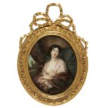 AN OVAL CRYSTOLEUM OF A COURTESAN, PROBABLY FRENCH, MID 19TH C  reverse painted convex glass, 44 x