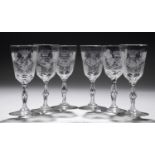 A SET OF SIX ENGLISH WINE GLASSES, EARLY 20TH C engraved with a mirror monogram beneath the