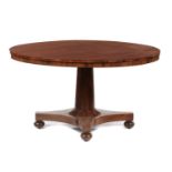 A VICTORIAN ROSEWOOD BREAKFAST TABLE, MID 19TH C  the round tip up top on plain tapered pillar,