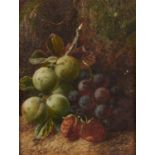 GEORGE CLARE (1835-1890) STILL LIFE WITH STRAWBERRIES, GREENGAGES AND GRAPES ON A MOSSY BANK