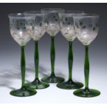 A SET OF FIVE GERMAN JUGENDSTIL ENAMELLED GLASS WINE GOBLETS, THERESIENTHAL STYLE, C1901-5  21.5cm h