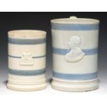 TWO SPRIGGED CYLINDRICAL PEARLWARE MUGS, 1830-38  quart and pint, with bust of William IV, WIV and