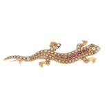 A RUBY, PEARL AND GOLD SALAMANDER BROOCH, EARLY 20TH C  5.4cm, 8g Good condition, later attached