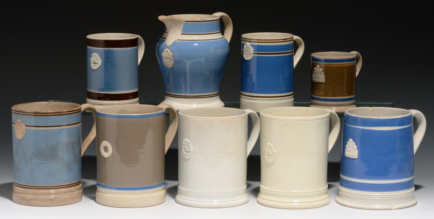 SIX CYLINDRICAL LLANELLY AND OTHER SLIP-DIPPED MUGS AND A JUG, SECOND HALF 19TH C  half gallon,