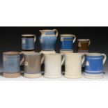 SIX CYLINDRICAL LLANELLY AND OTHER SLIP-DIPPED MUGS AND A JUG, SECOND HALF 19TH C  half gallon,