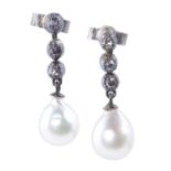 A PAIR OF OLD CUT DIAMOND AND CULTURED PEARL EARRINGS  fully articulated, 2.1cm, 2.7g Good condtiion
