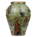 DECALCOMANIA.  A GREEN PAINTED EARTHENWARE OIL JAR APPLIED WITH PRINTED PAPER SCRAPS, LATE 19TH/