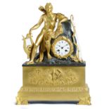 A RESTAURATION  ORMOLU AND PATINATED BRONZE MANTEL CLOCK, C1830  the bell striking movement with