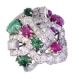 A RUBY, EMERALD AND DIAMOND TUTTI FRUTTI RING, C1970  in platinum, marked PLAT, SIZE Q