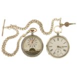 TWO SILVER LEVER WATCHES, ONE BIRMINGHAM 1893, THE OTHER CONTINENTAL, NIELLO, MARKED 0.800 AND A