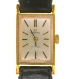 AN OMEGA GOLD PLATED STAINLESS STEEL LADY'S WRISTWATCH, LEATHER STRAP, 1.9 CM DIAL