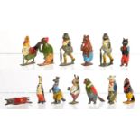 THIRTEEN MINIATURE PAINTED LEAD ALLOY ANTHROPOMORPHIC TOY FIGURES, INCLYDING BRITAINS AND
