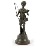 A PATINATED SPELTER STATUETTE IN THE FORM OF A BOY WITH A FISHING ROD, 20CM H AND A FRENCH SPELTER