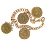 A 9CT GOLD BRACELET, LINKS INDIVIDUALLY MARKED, MOUNTED WITH FOUR SOVEREIGNS, 1907, 1913, 1913 AND