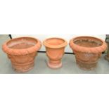 A PAIR OF TERRACOTTA GARDEN PLANTERS, 42CM H X 58CM D AND ANOTHER, SMALLER