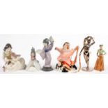 SIX NAO, LLADRO AND OTHER FIGURES AND A CARDEW STUDIO POTTERY 'QUEEN OF HEARTS' NOVELTY TEAPOT AND