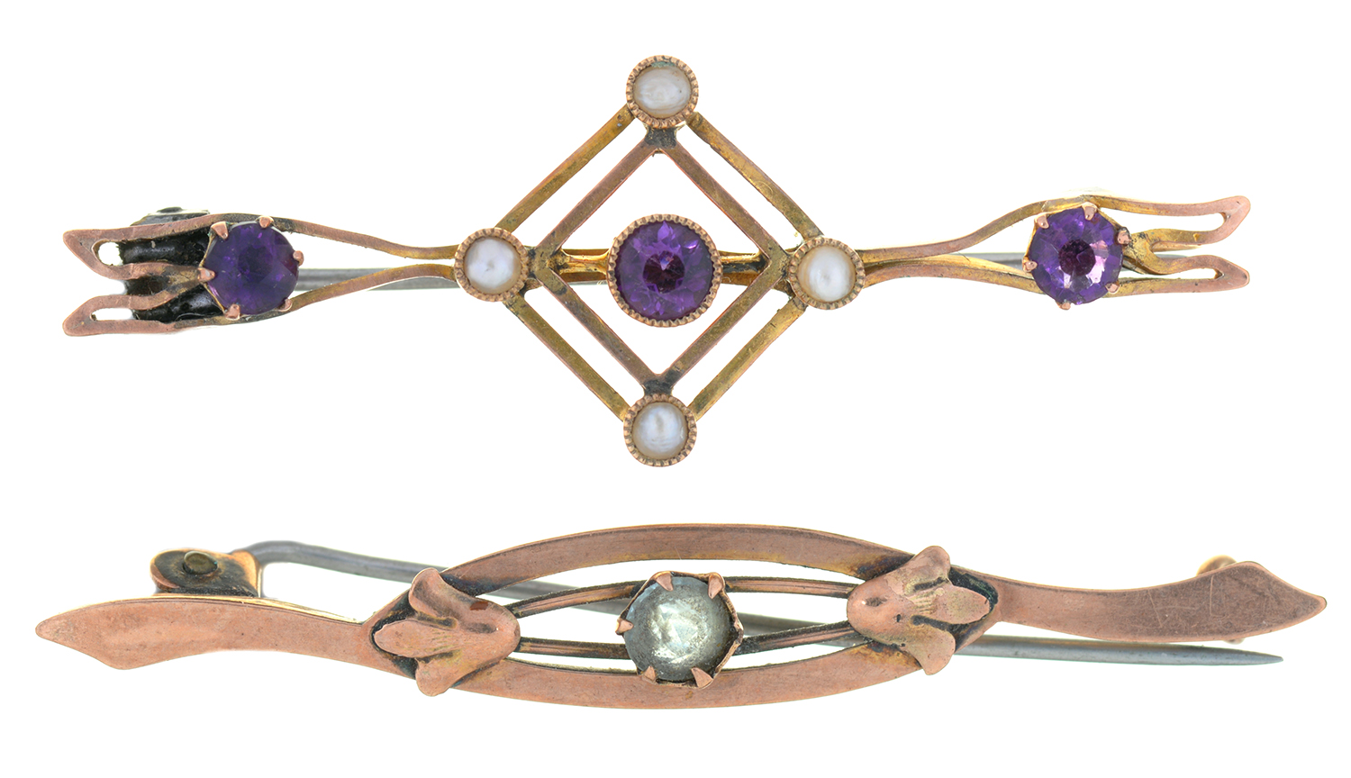 A VICTORIAN AMETHYST AND PEARL BROOCH, IN GOLD MARKED 9CT AND ANOTHER VICTORIAN GOLD BROOCH,
