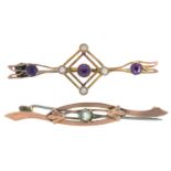 A VICTORIAN AMETHYST AND PEARL BROOCH, IN GOLD MARKED 9CT AND ANOTHER VICTORIAN GOLD BROOCH,