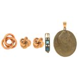 A LAVA CAMEO PENDANT IN GOLD MARKED 9CT, THREE 9CT GOLD KNOT EARRINGS AND A GOLD RING SET WITH